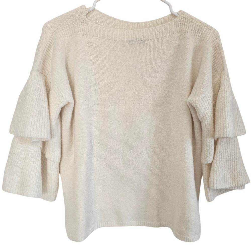 Madewell Cream Ruffle Tiered Sleeve‎ Boatneck Knit Sweater Small